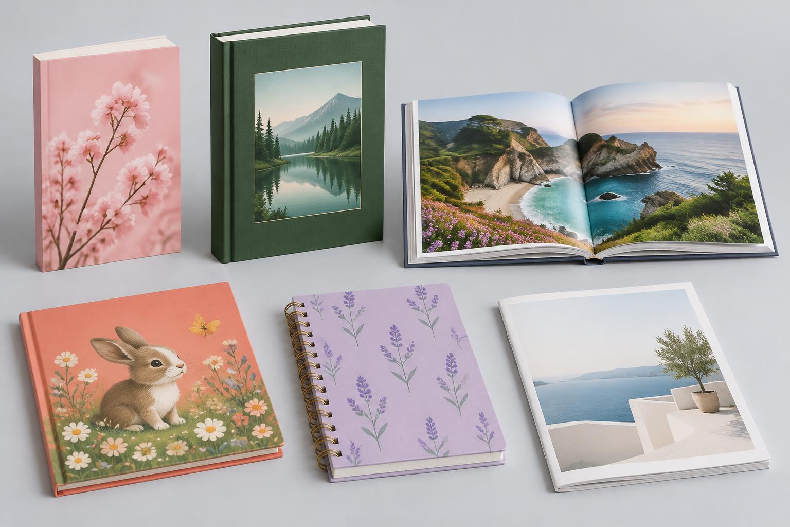 Paperback, hardcover, photo book, children's book, coil-bound journal and magazine printing samples